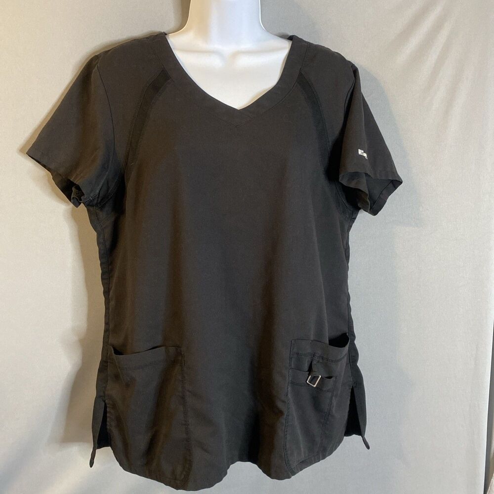 Womens Size Large Black Scrub Top Greys Anatomy Short Sleeve Pockets V-Neck